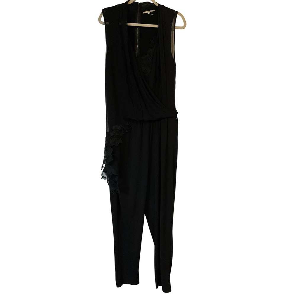 Kobi Halperin Black Sleeveless Lace Applique Draped Wrap Jumpsuit Womens Large